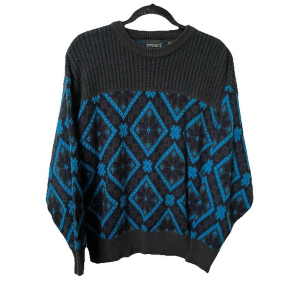 Vintage Stylewise Sweater Mens XL Grandpa 90s Black Blue Knit Pullover Cabin